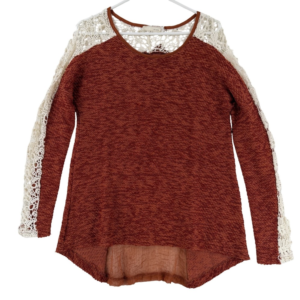 A'reve Sweater Tunic Womens Small Orange Lace Crochet‎ High Low Back Bow